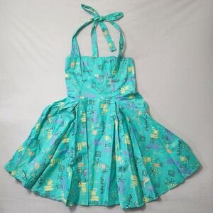 Pinup Couture Atomic Dress Fit Flare 2XL Teal 50s Retro Halter Rockabilly Vanity